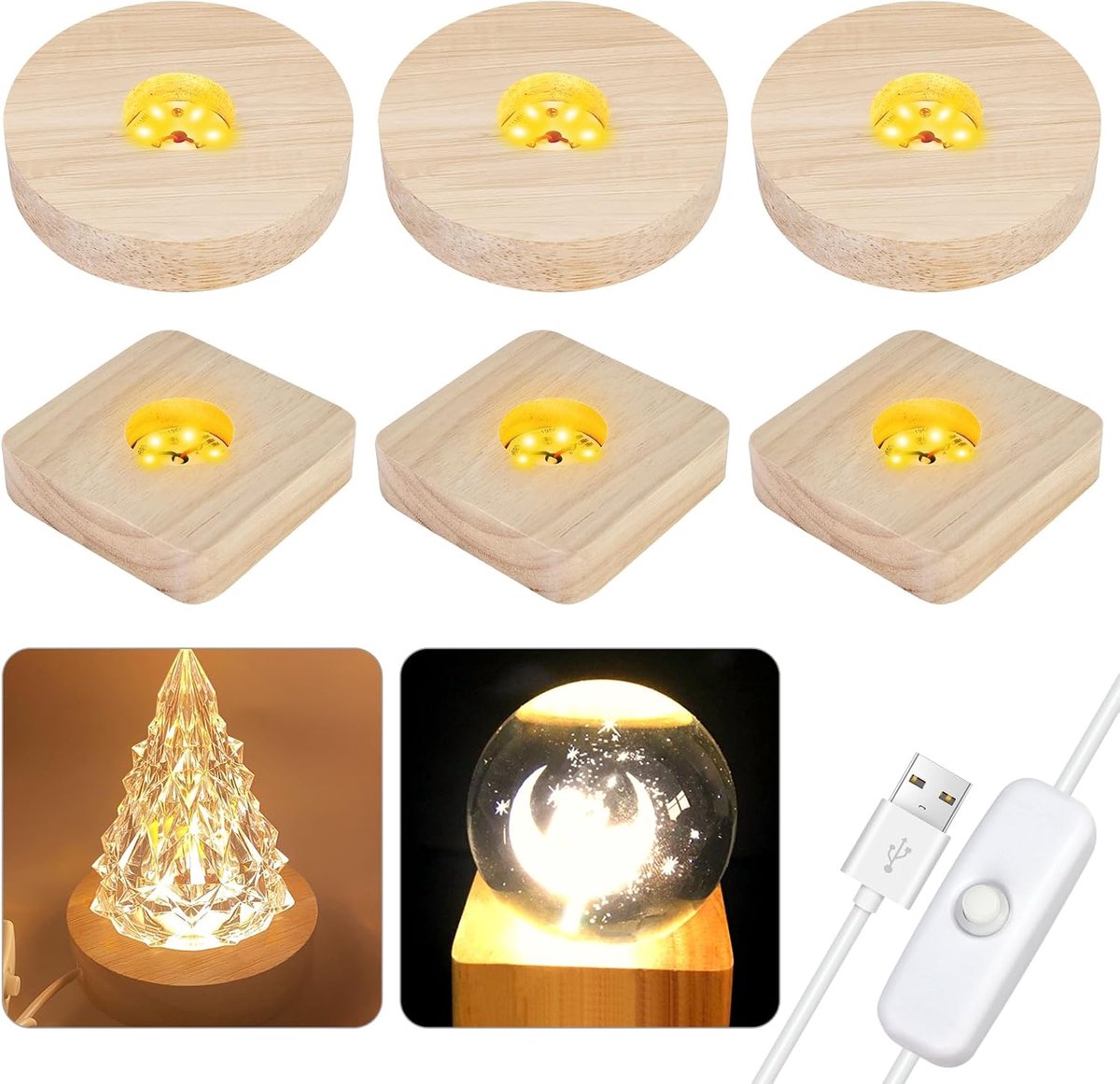 Led-sokkel voor acrylglas, 6 stuks led-lampvoet USB, hout, rechthoekige verlichte displaystandaard, ronde lampjes, display, basis, houten sokkel, lichtvoet voor acrylplaat, kristallen, glasplaat,