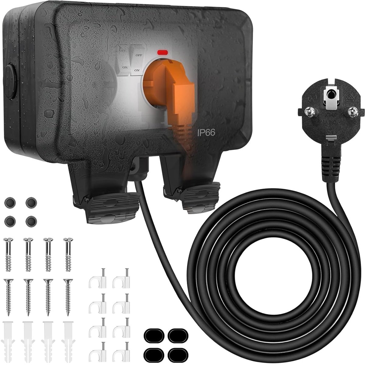 waterdicht, IP66, stopcontact voor buiten, opbouw, 3 m kabel met schakelaar, 2-voudig, dubbel stopcontact met klapdeksel, vochtige ruimte, weerbestendig, outdoor stekker
