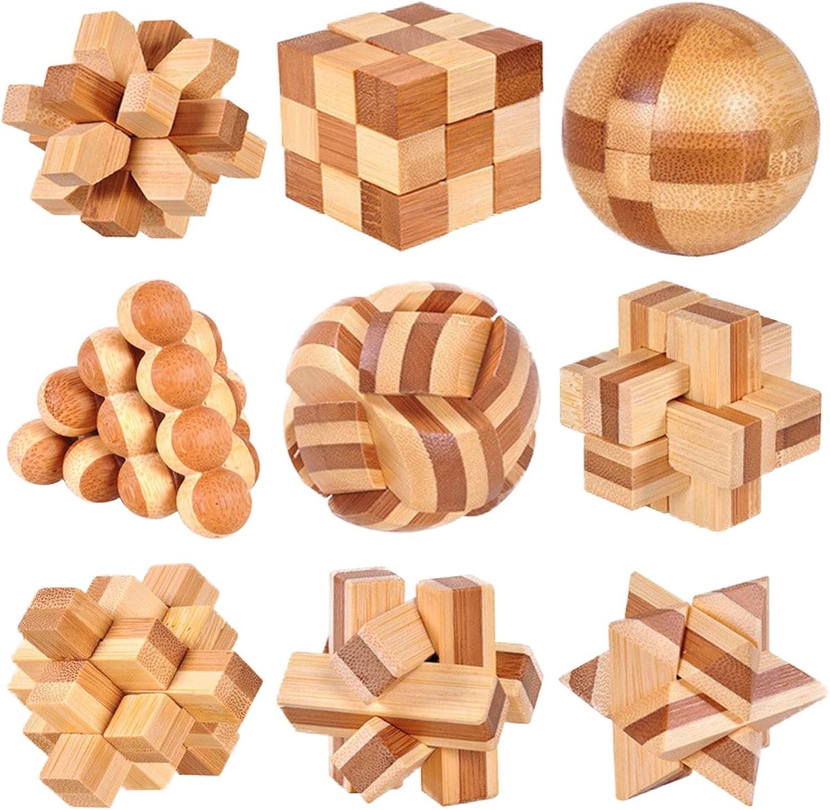 9 Stuks Houten Brain Teaser Puzzels Set Logica Puzzels Logica Giochi - Elkaar Grijpende Jigsaw Cube Game voor Kinderen en Volwassenen IQ spellen Speelgoed Cadeau en Decoratie