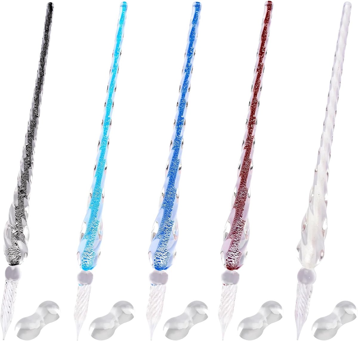 Handgemaakte Gebrandschilderd Glas Dip Pen, 5Pcs 9.4'' Kleurrijke Crystal Pen Kit met Houders Regenboog Crystal Pen voor Kunst, Handtekening, Schrijven, Tekenen, Belettering