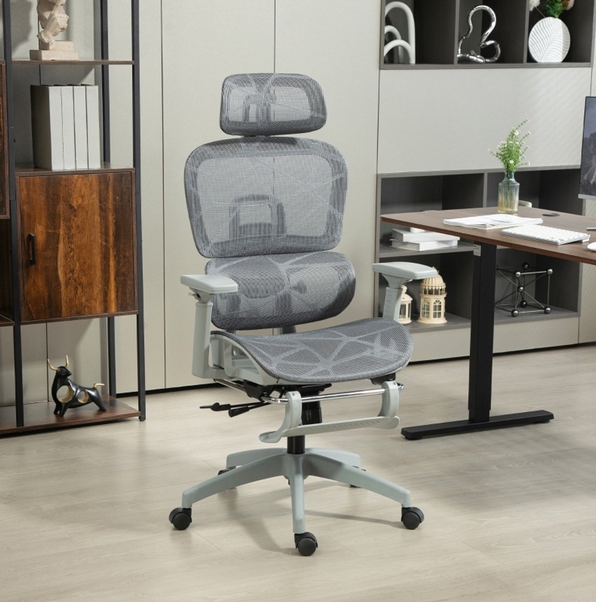 COVREO Bureaustoel 66x64x122 cm grijs, mesh met hoofdsteun en wielen