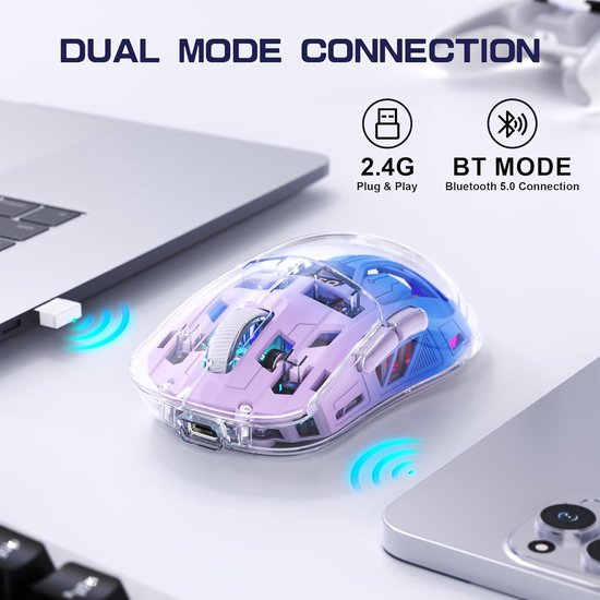 A2 Draadloze Gamingmuis, Dual-Mode 2.4G/Bluetooth Pc-Gamingmuizen, RGB-muis met Batterijdisplay, Transparante Behuizing, PixArt 3212 4000 DPI, voor Win/MAC, Twilight Purple — afbeelding 3