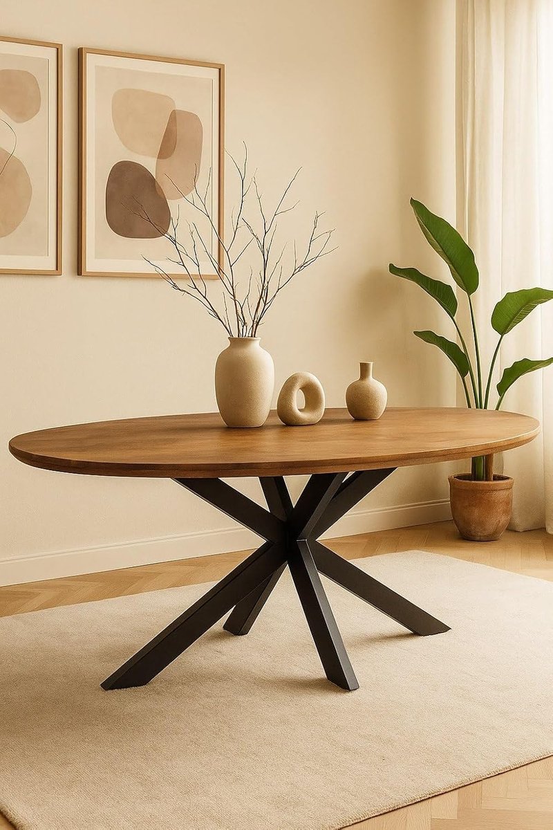 Home Ovale Eettafel 200 cm Mangohout – Bruin – Zwart Metalen Matrix Onderstel – Elegant Chic – 5-6 Personen