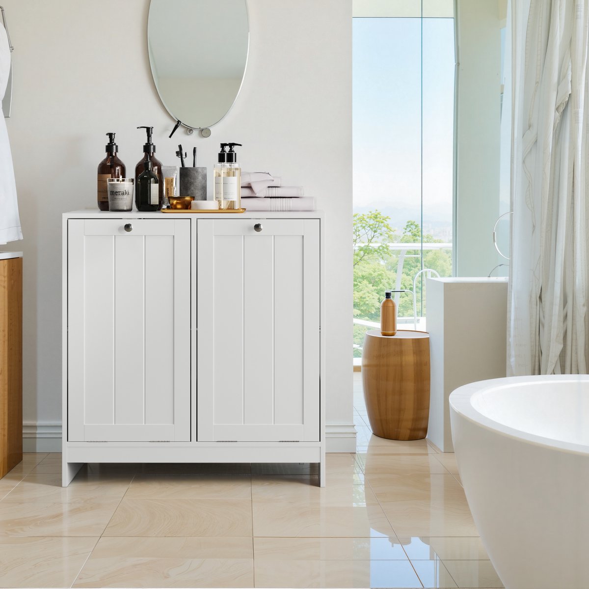 Badkamerkast Wasmand – Uitneembare Wasmand – 66 x 33 x 68 cm – MDF en spaanplaat – Wit – Vrijstaand
