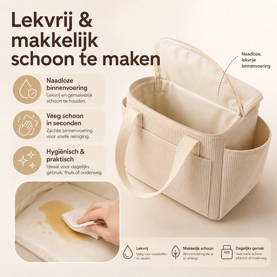 Bobypet - Geïsoleerde Koeltas Dames Beige - Stijlvolle Ribfluweel Lunchtas 13.5 Liter met Katoenen Handvatten - Grote Lekvrije Thermotas voor Werk, Kantoor, Picknick en Reizen — afbeelding 4