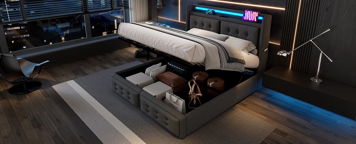FloraGrace Gestoffeerd Bed 180x200 cm - Tweepersoonsbed Met LED Verlichting En USB-C Oplaadfunctie - Met Opbergruimte - Grijs - Zonder Matras
