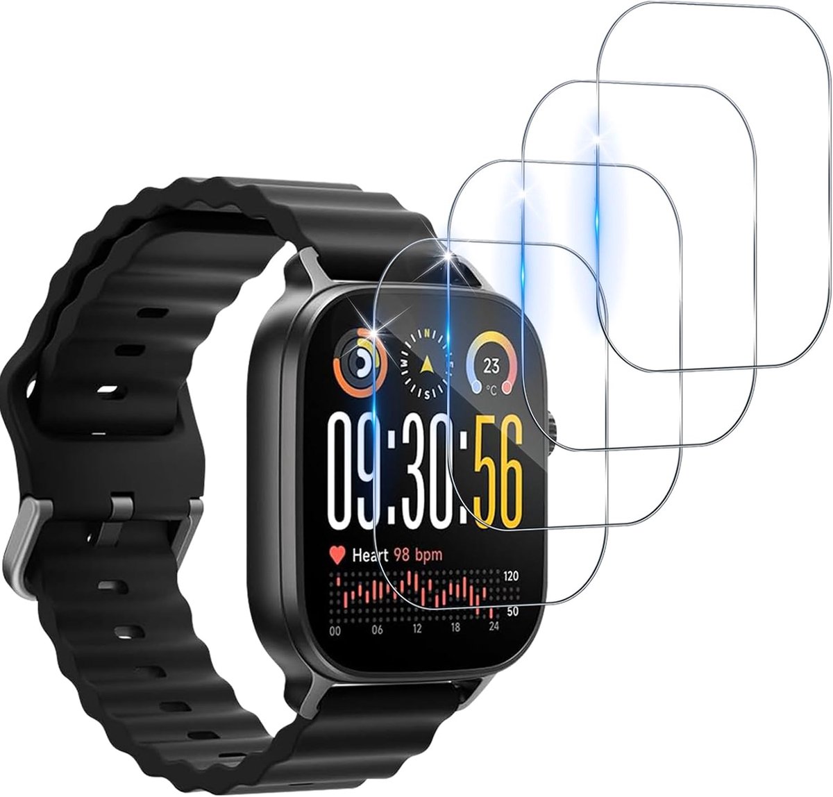 Beschermfolie compatibel met realme Watch 5 voor pantserglas, 4 stuks, luchtbelvrije HD anti-kras displaybeschermfolie, waterdicht, hardheidsgraad 9H, displaybeschermfolie, transparant