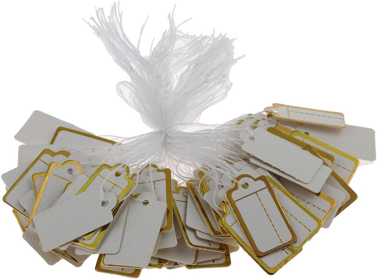 Prijsetiketten, prijskaarten, draad, etiketten, sieradenetiketten, draadabel, hangetiket, kartonnen etiket, prijsaanduiding, 300 stuks (23 x 13 mm, wit goud)