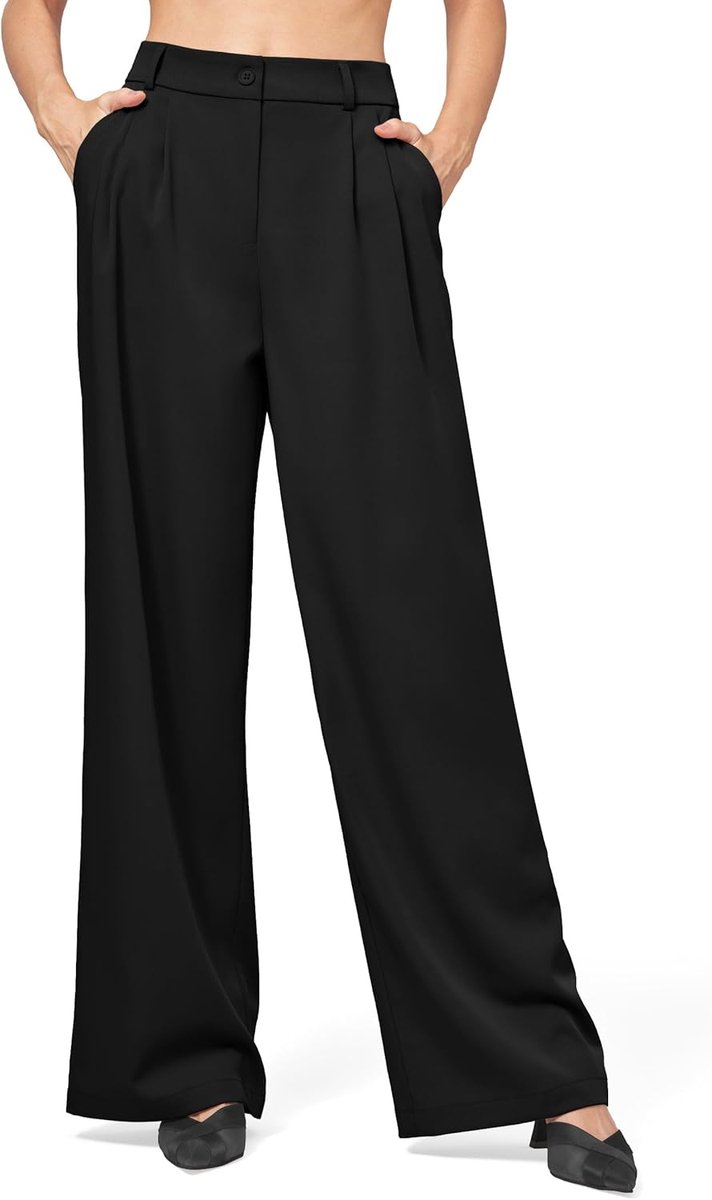 Damesbroek met wijde pijpen, comfortabele elegante damesbroek, casual, hoge taille, zakelijke broek met zakken, 71/71/81 cm