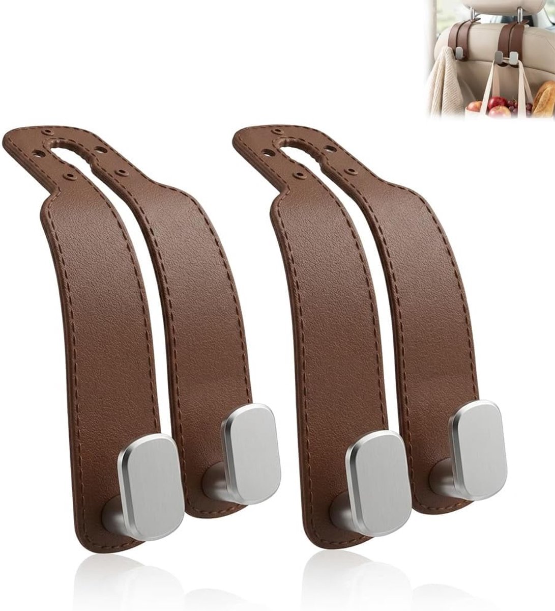 auto, 2 stuks autostoel, dubbele haken, bruin, hoofdsteunhaak auto voor tassen en boodschappen, autostoelhaak, auto-opbergorganizer, auto-accessoires, interieur, bruin