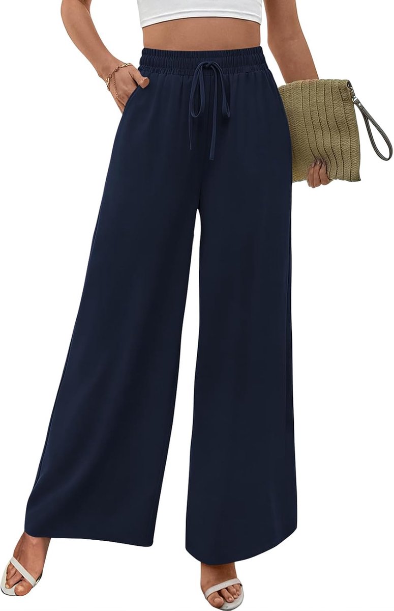 Palazzo broek voor dames, hoge taille, brede broek met zak en verstelbaar trekkoord, elegante losse broek
