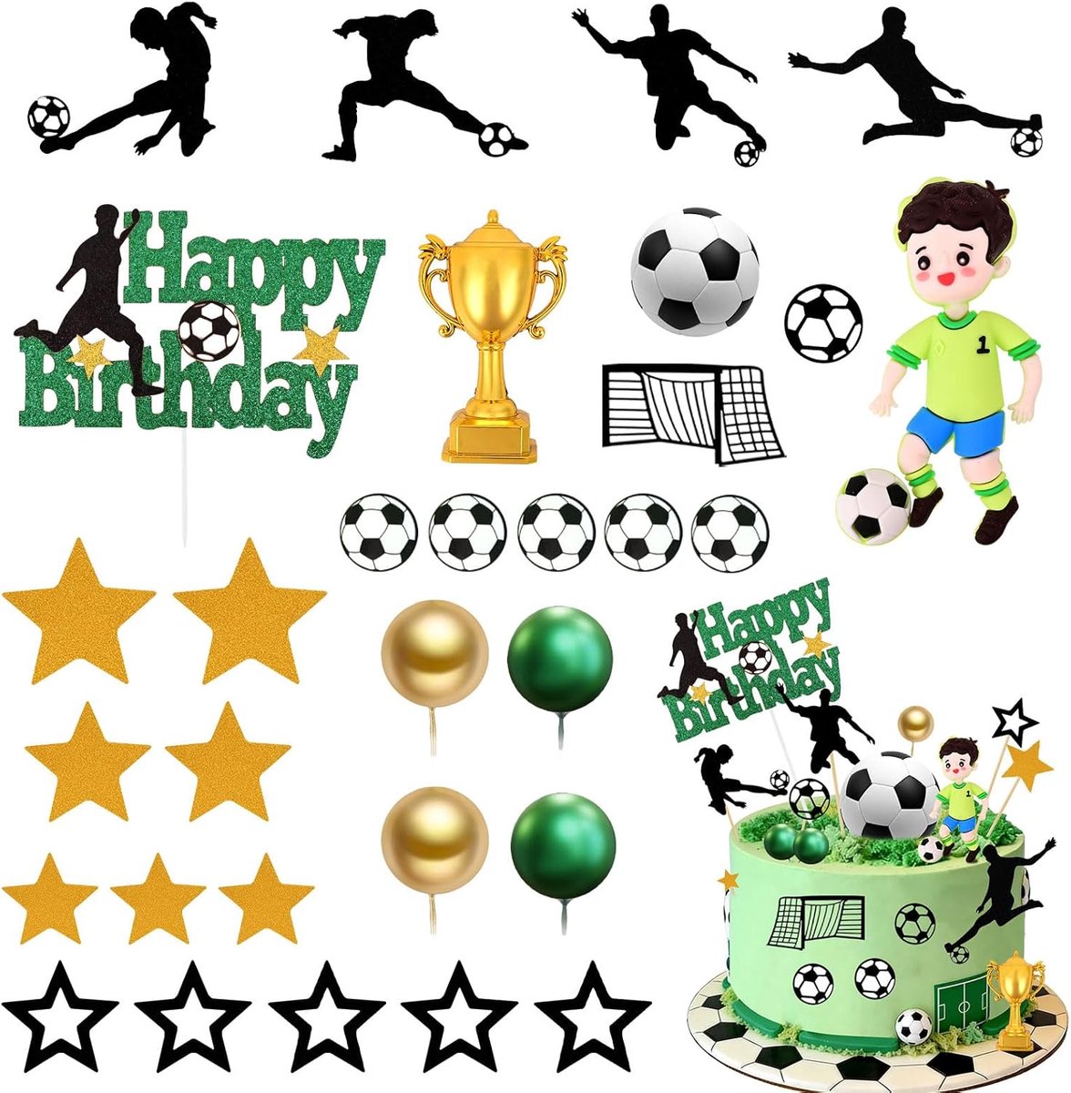 Cupcake Decoratie, 31 Stuks Voetbaltaart Decoraties | Taarttopper Voetbal Decoratie voor Taart, voor Verjaardag Feest Taartdecoratie, Thema Voetbalfeest