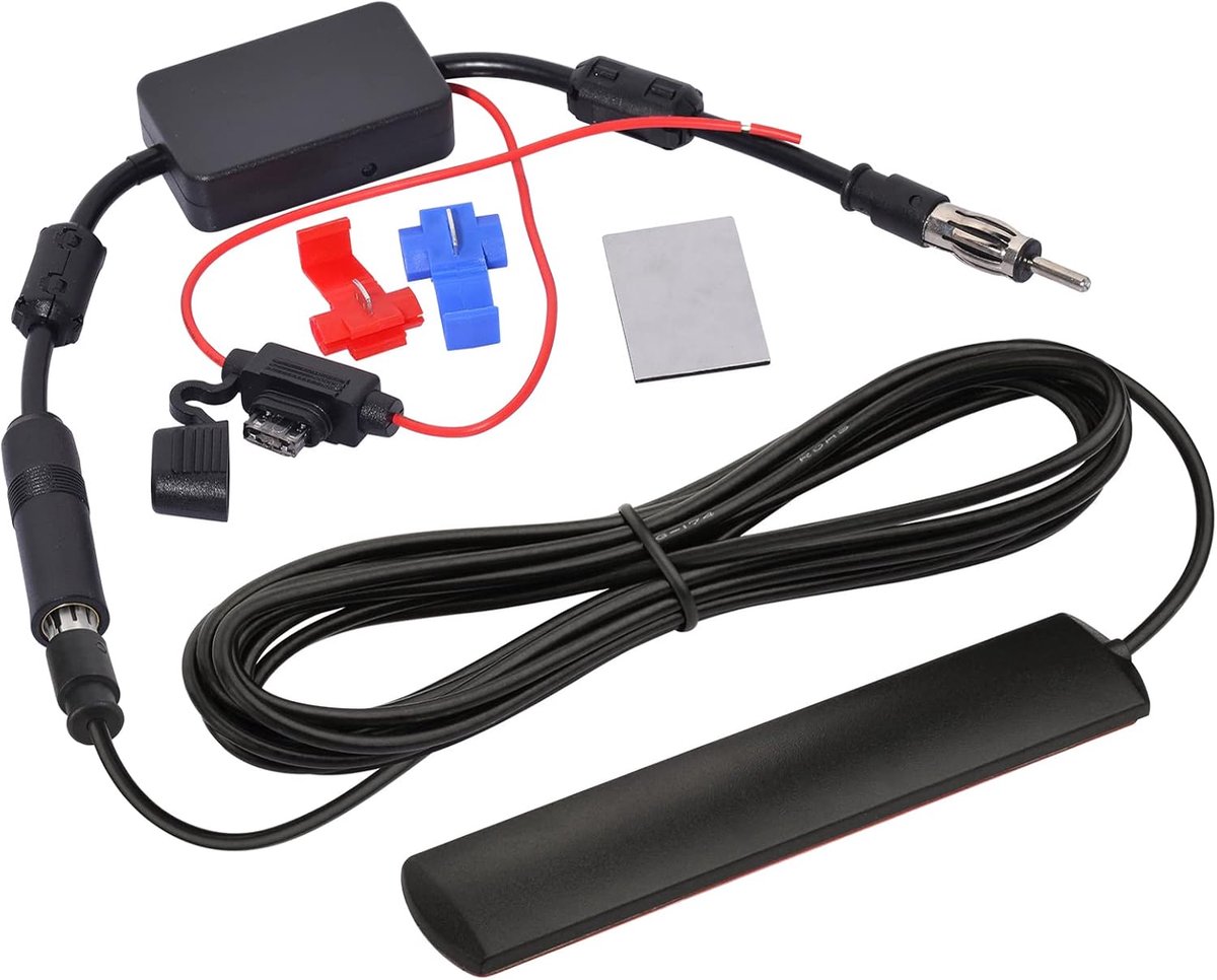 Autoradioantenne FM/AM met signaalversterker, 12V-voeding, DIN-connector, adapter voor auto's, vrachtwagens, SUV's, autoradio's en stereo-installaties