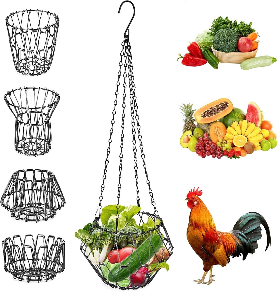 Vouwbare Voederdispenser voor Kippen en Groenten, 40 cm, Grote Voederhouder met 4 Hangkettingen, Ideaal voor Kippen en Dierenvoeding