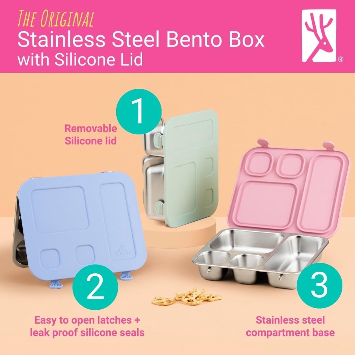 SnelShoppen - Kinderbentobox van roestvrij staal met siliconen deksel, lekvrij, lunchcontainer met 4 vakken, vaatwasmachinebestendig, ideaal voor scho