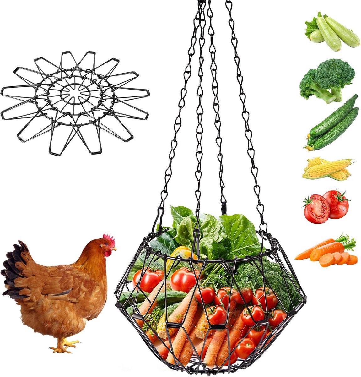 SnelShoppen - Hangvoer voor Kippen en Groenten, 40 cm, Vouwbaar, IJzeren Kippenvoer, Fruit Voeder, Kippen Accessoires, Kippenhok Accessoires met 4 Ket