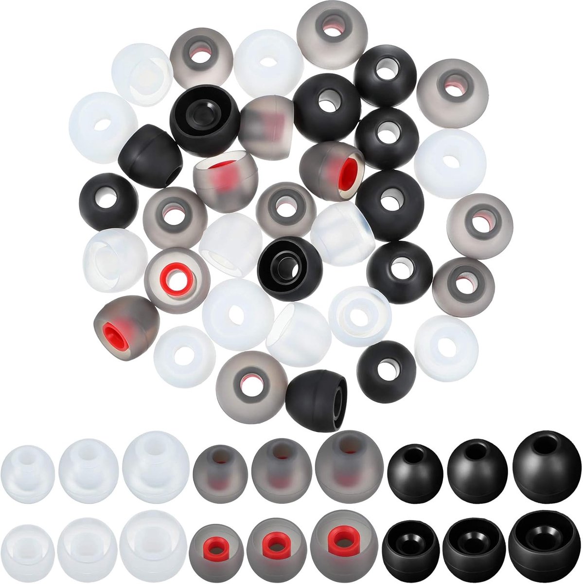 SnelShoppen - Pack van 36 Silicone Oordopjes Vervangende Oordopjes Geluidisolatie 3 Maten (Grijs Rood, Transparant & Zwart)