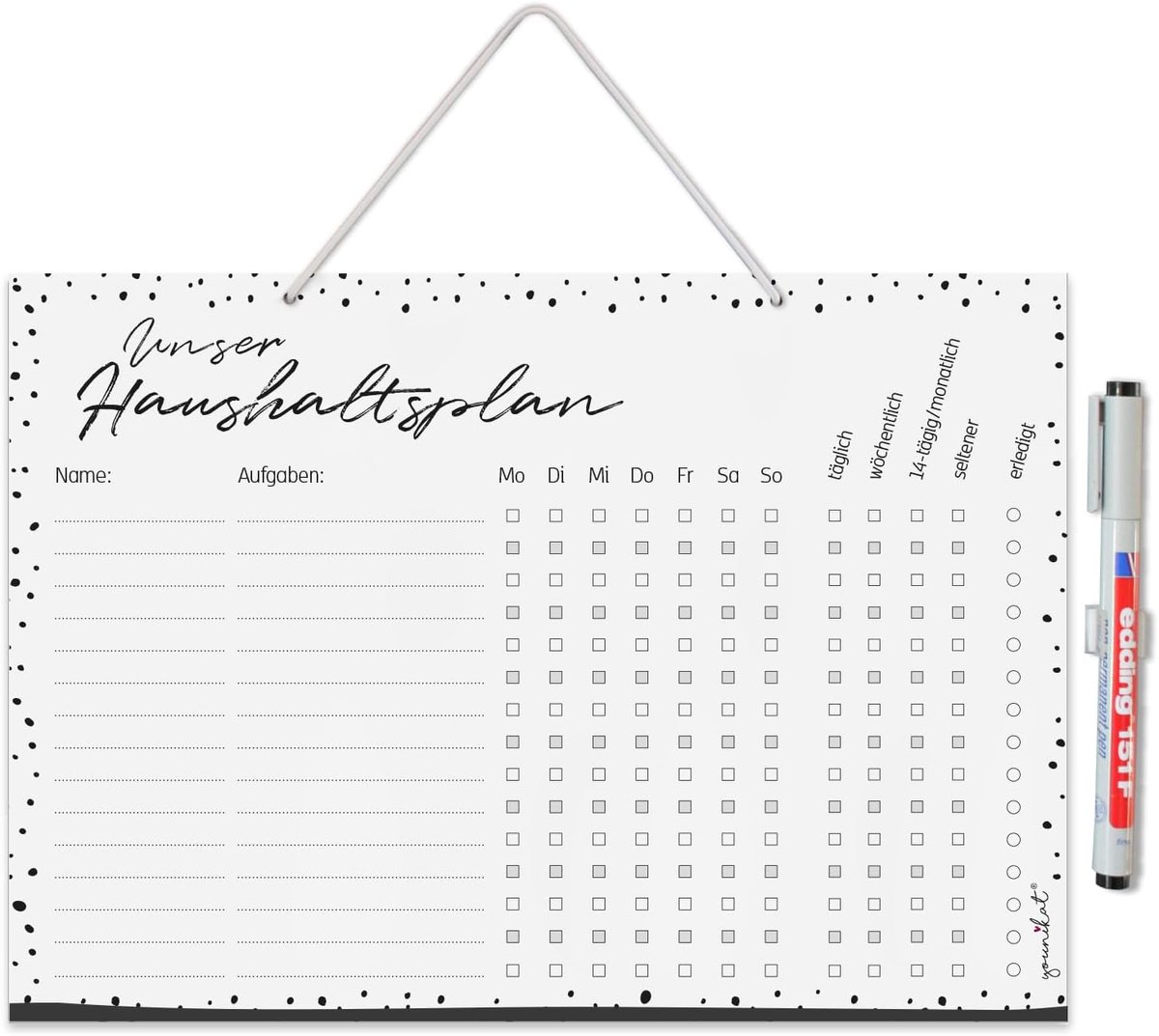 SnelShoppen - Home Planner voor Hanging Dots DIN A4 met Pen, Uitwisbaar, Herschrijfbaar, Schoonmaakplan, Organizer voor Gezin en Woning, Wit