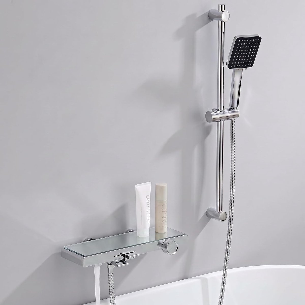 Auralum Max Badkraan met Doucheset - 70 cm RVS Douchestang - Badmengkraan met 6 Standen Douchekop - Met Groot Doucheplank - Piano button Mengkraan - 150 mm Hartafstand - Chroom