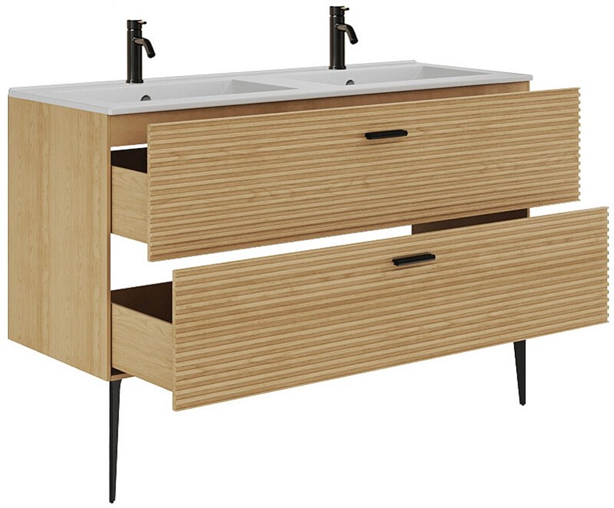 Vente-unique Geribbeld badkamermeubel op poten met inbouwwastafel en kraan - 2 lades - Licht naturel - 120 cm - SARONE