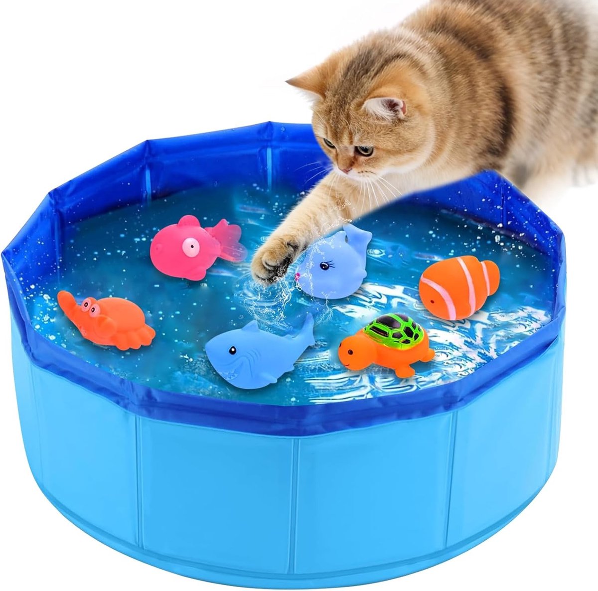 Opvouwbaar kattenzwembad 30x10 cm - Mini zwembad voor katten en kleine honden inclusief 6 waterspeeltjes