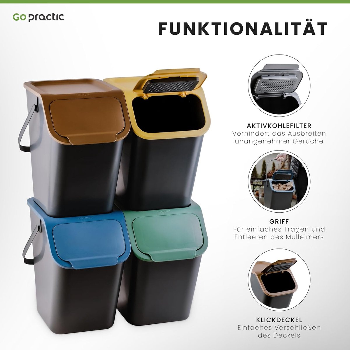 SnelShoppen - Set van 4 + 1 Stapelbare Afvalscheidingssystemen voor Keuken - Compacte Prullenbak met Klikdeksel - 4 x 25 L + 1 x 4.5 L - Ruimtebespare