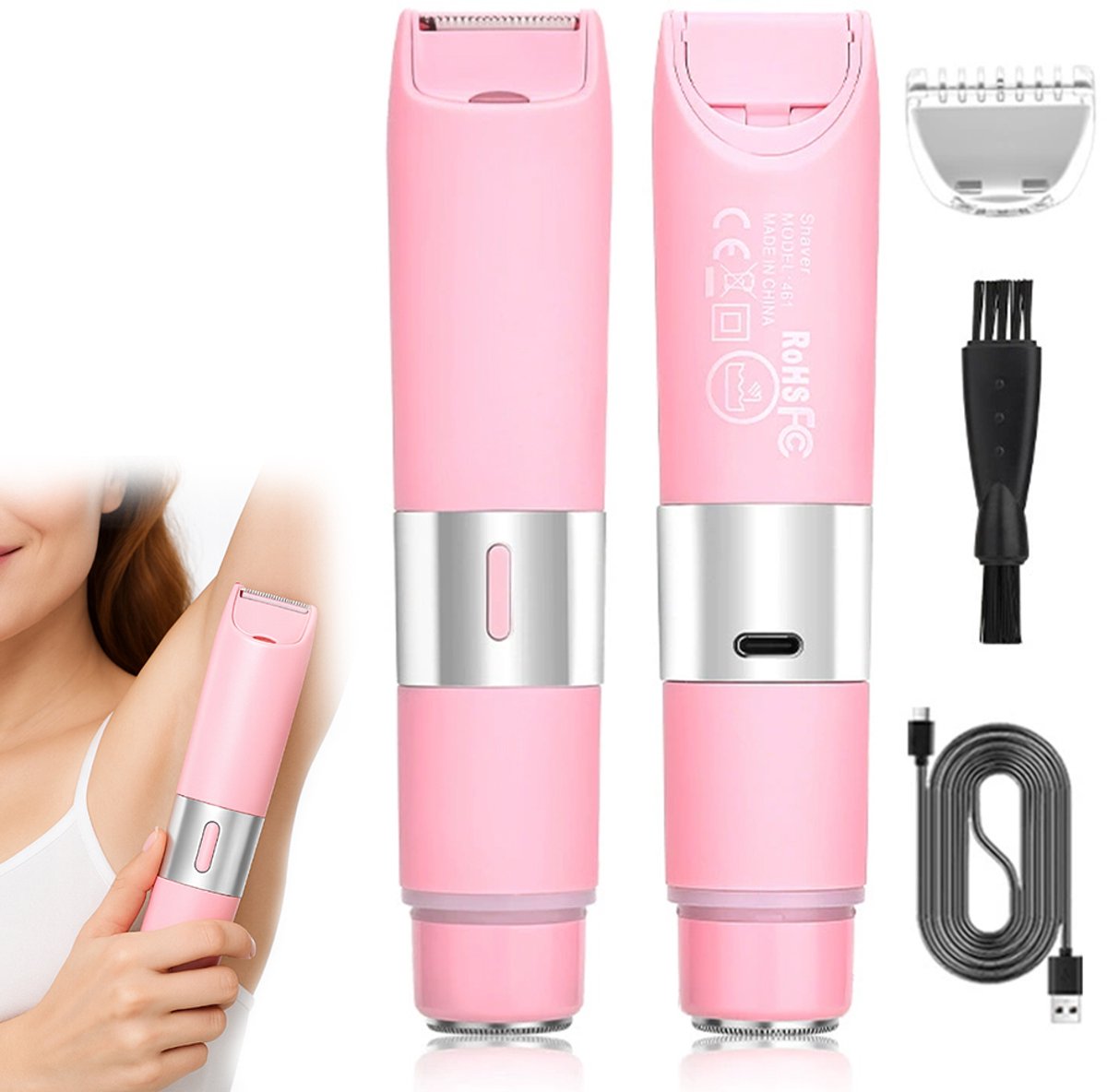 2-in-1 haartrimmer voor dames - Elektrisch scheerapparaat - 400mAh accu - 5W vermogen - Geschikt voor nat en droog gebruik - Multifunctionele trimmer - Geschikt voor bikinilijn, oksels en intieme zones - USB-datakabel - 1 stuk - Roze