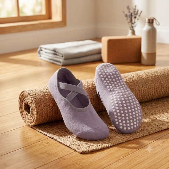 Paars antislip pilates sokken dames ademende ballet sokken met kruiselastiek siliconen antislip zool lage sport sokken voor yoga pilates barre dans fitness en vloeroefeningen maat 36-40 — afbeelding 2