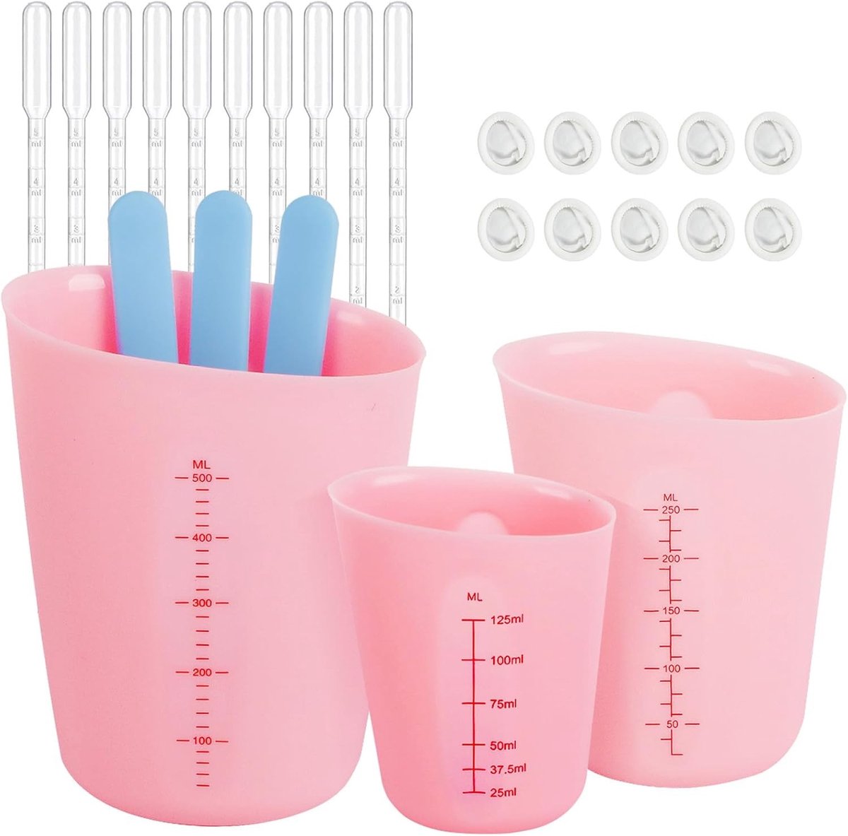 SnelShoppen - 3 Pcs Silicone Measuring Cups - Roze Siliconen Maatbekers met Roerstaafjes, Druppelaar en Vingerbeschermers voor Gieten, Sieraden Maken,