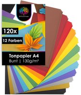 120 vellen A4 tonpapier in 12 kleuren, 130 g/m², met een oranje papieren waaier.