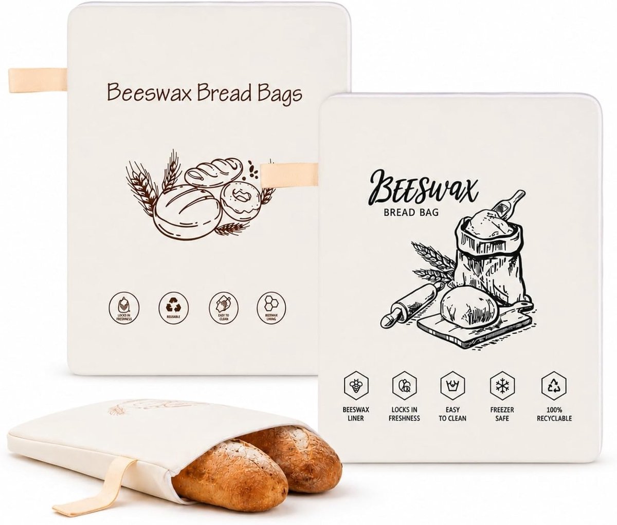 Broodzak - Wit - L - Herbruikbare Bijenwas Broodzak met L-Ritssluiting - Voor Brood, Fruit en Groenten