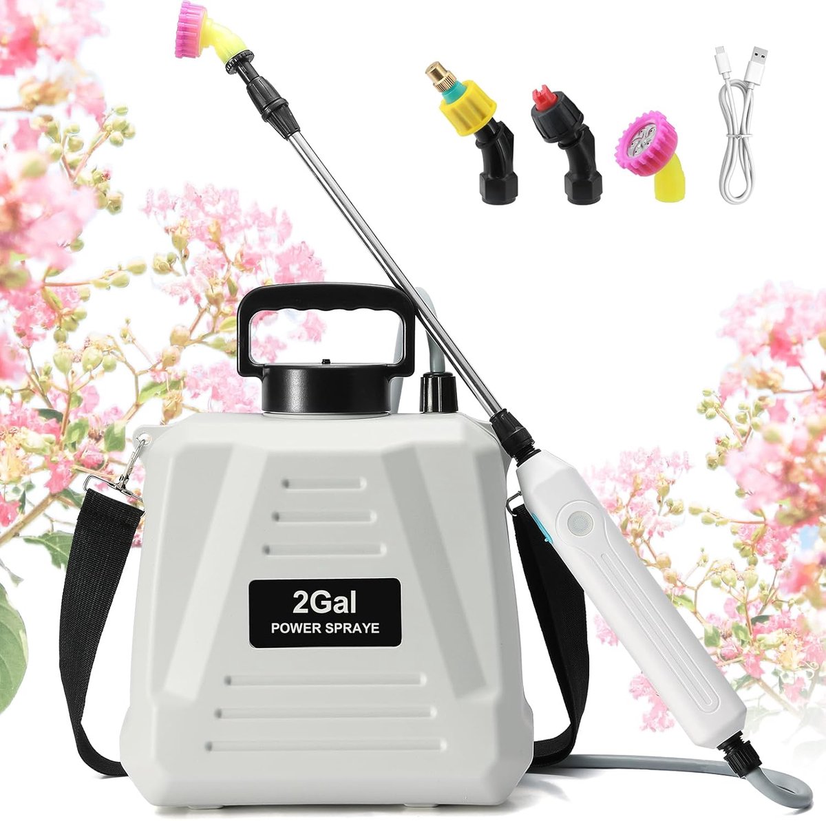 SnelShoppen - Pressure Sprayer Wit | Accu 2000 mAh, 8 Liter Tank voor Irrigatie, 3 Verstelbare Sproeiers, Roestvrijstalen Lans en Schouderriem