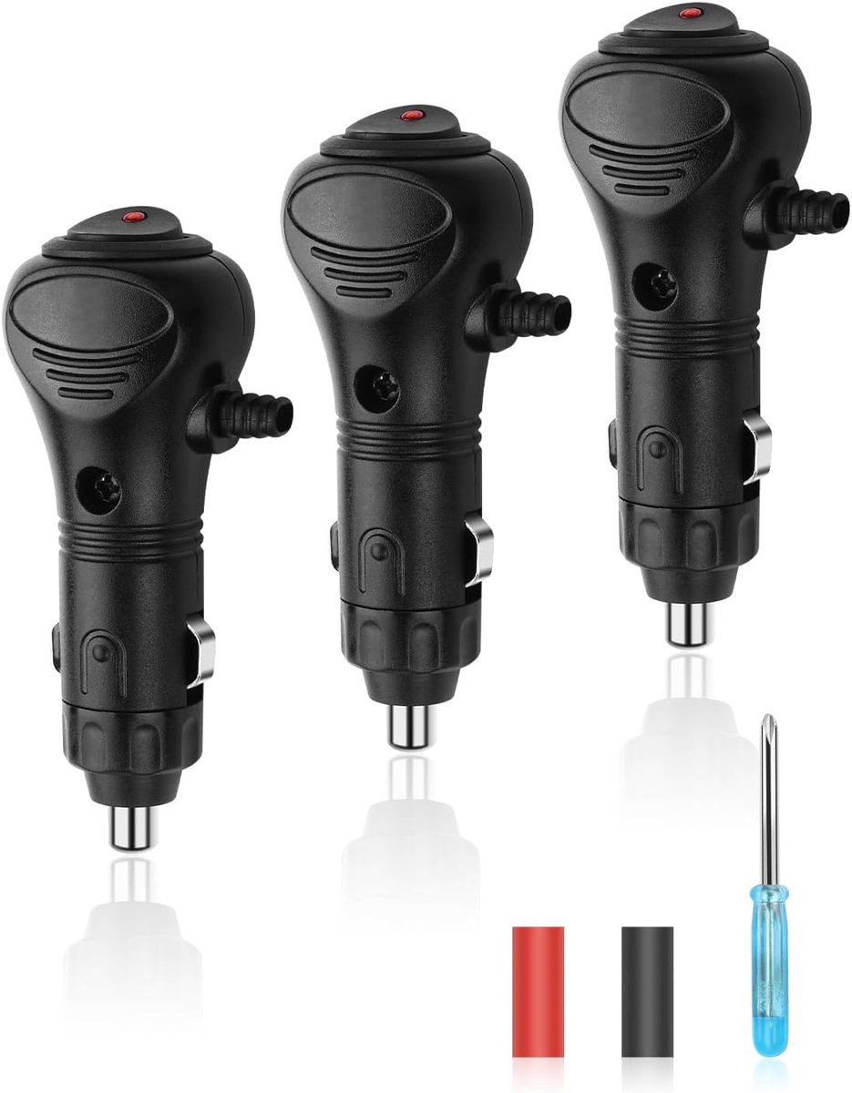 SnelShoppen - Set van 3 12V sigarettenaansteker stekker met aan/uit schakelaar, 10A zekering en LED indicator voor luchtpompen, koelboxen, dashcams en