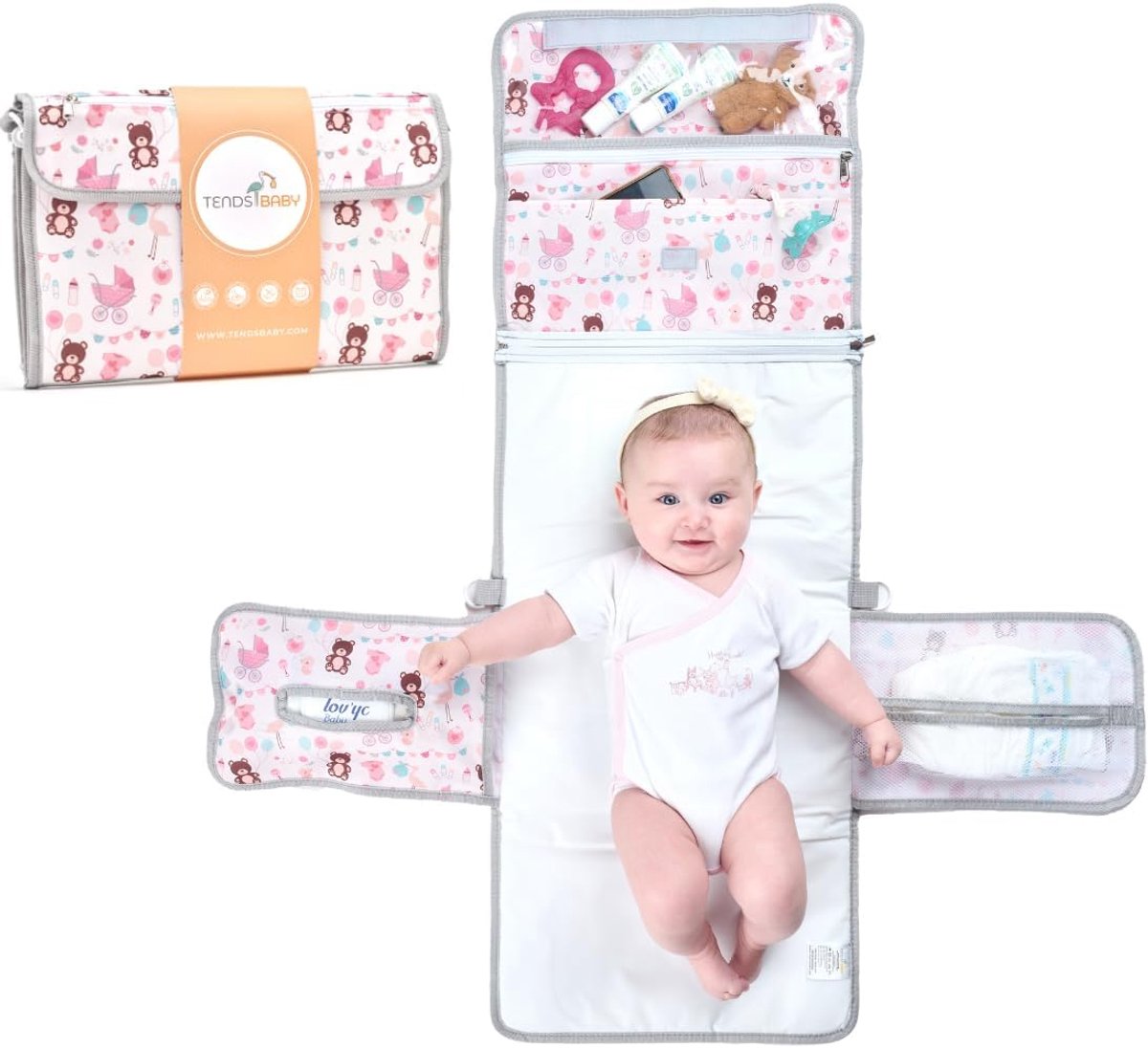 SnelShoppen - Compacte verschoningsmat XL voor onderweg - Combineerbare luiertas met 6 vakken, doekdispenser en comfortabel hoofdkussen voor baby - Wa