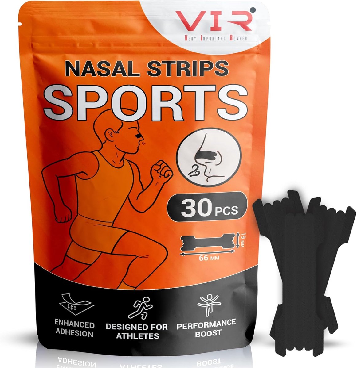SnelShoppen - 30 Neusstrips Sport voor Hardlopen met Sterke Hechting Zwart 66 x 19 mm | 0.3 g per stuk, Eenmalig Gebruik, Ondersteunt Luchtstroom, Fit
