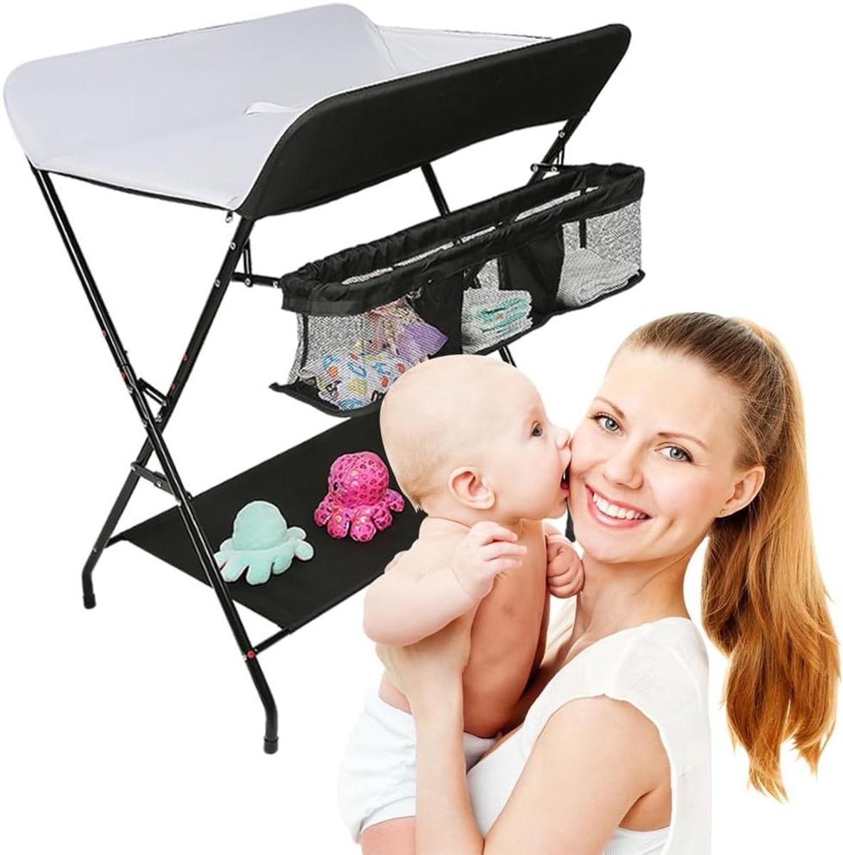 Luiertafel Opvouwbaar - Commode Baby - Babyverzorging Thuis - Met Opbergmand - 79 x 555 x 96 cm - Zwart Wit