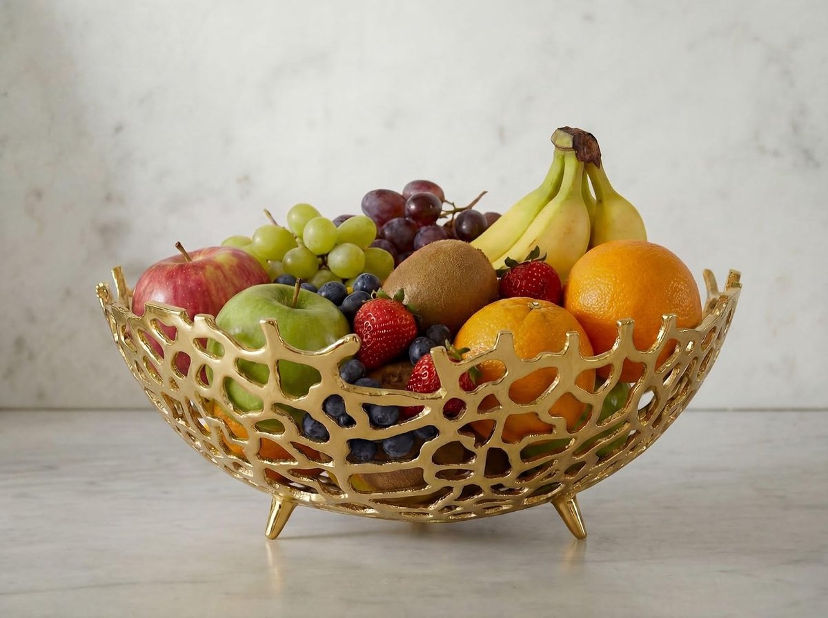 Fruitschaal 46 x 46 x 19 cm Aluminium Goud Handgemaakt | grote decoratieschaal voor fruit, netachtige fruitmand met drie poten, luchtige fruitmand voor fruit, stabiele metalen schaal