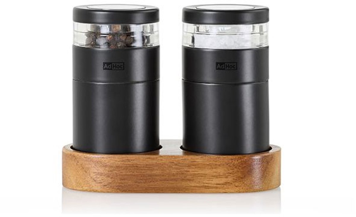 AdHoc Menage Molto Peper- en Zoutmolenset – 2-delig – Keramisch Maalwerk – Acaciahout – Zwart - incl houder
