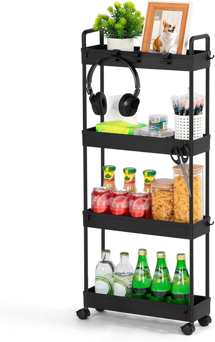 Opbergwagen met 4 niveaus, zwart (38,8 x 12,5 x 90,7 cm)