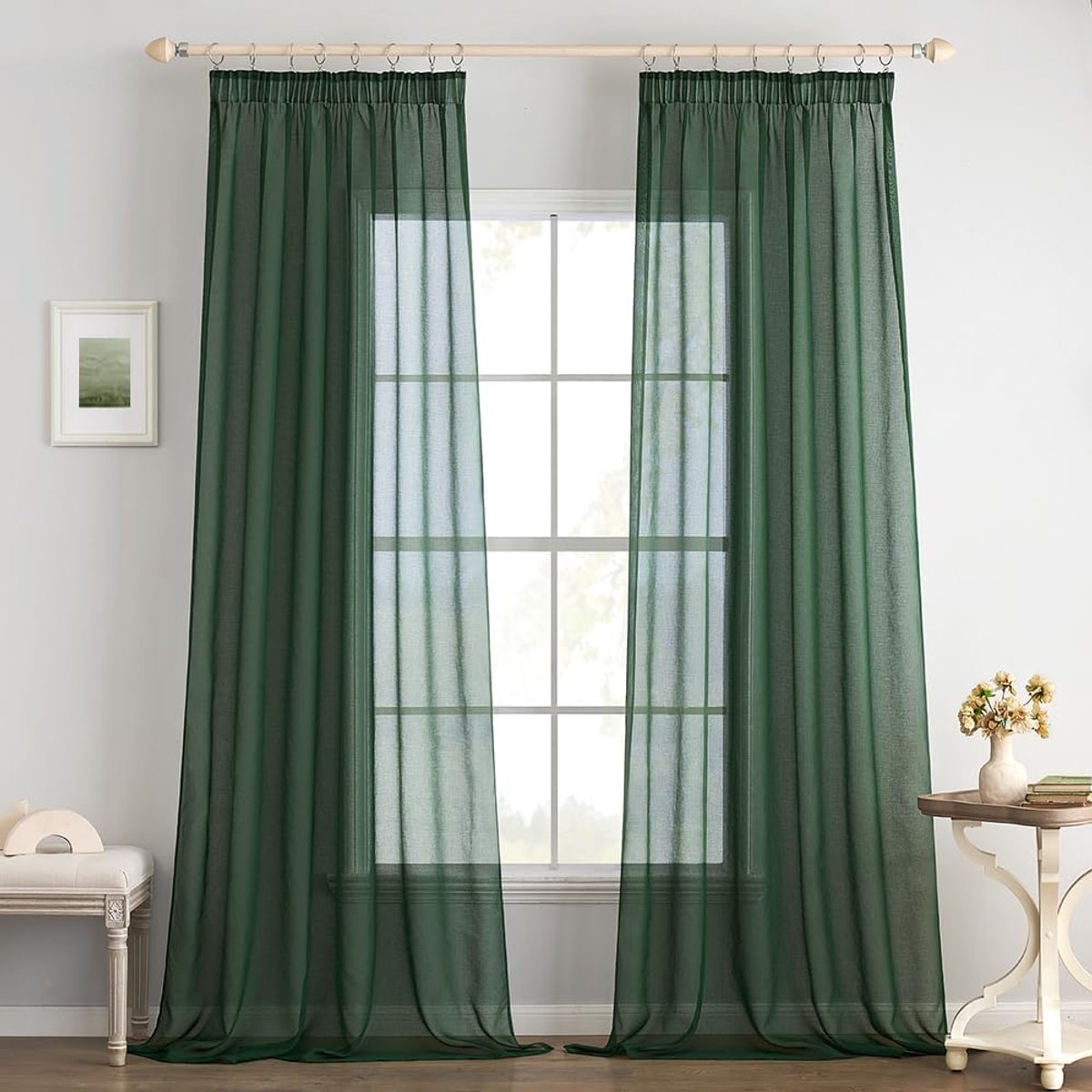 Glasgordijn, polyester voilegordijn met plooiband, transparante vitrage, luchtig, decoratief, voor slaapkamer en woonkamer, set van 2 gordijnen, 140 X 175 cm (b x h), donkergroen