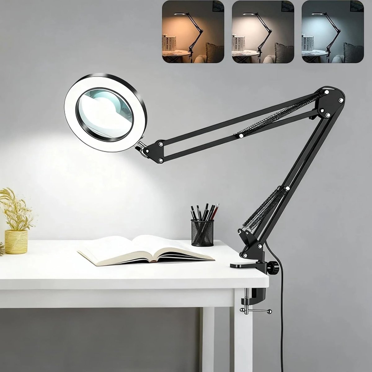 Vergrootglas met LEDlicht - Zwart - 14 cm - Echte Glazen Lens met Verstelbare Arm - Voor Thuis en Kantoor