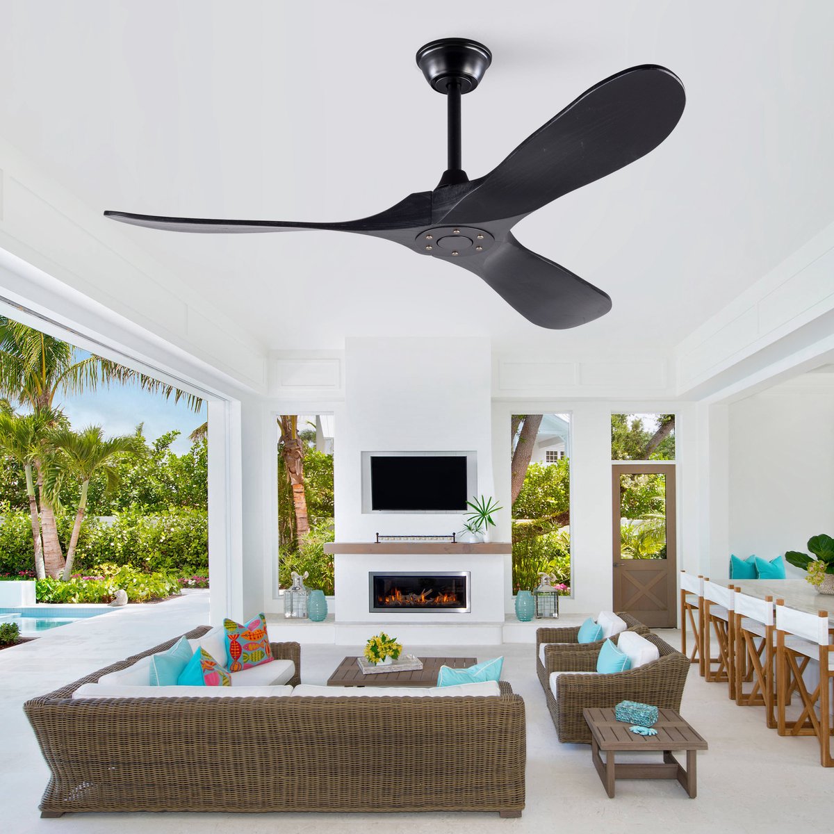 Moderne plafondventilator 52 inch zwart - 6 snelheden met omkeerbare draairichting - met afstandsbediening - snelheidsgeheugen - 3 massief houten bladen - zonder verlichting – foto 2