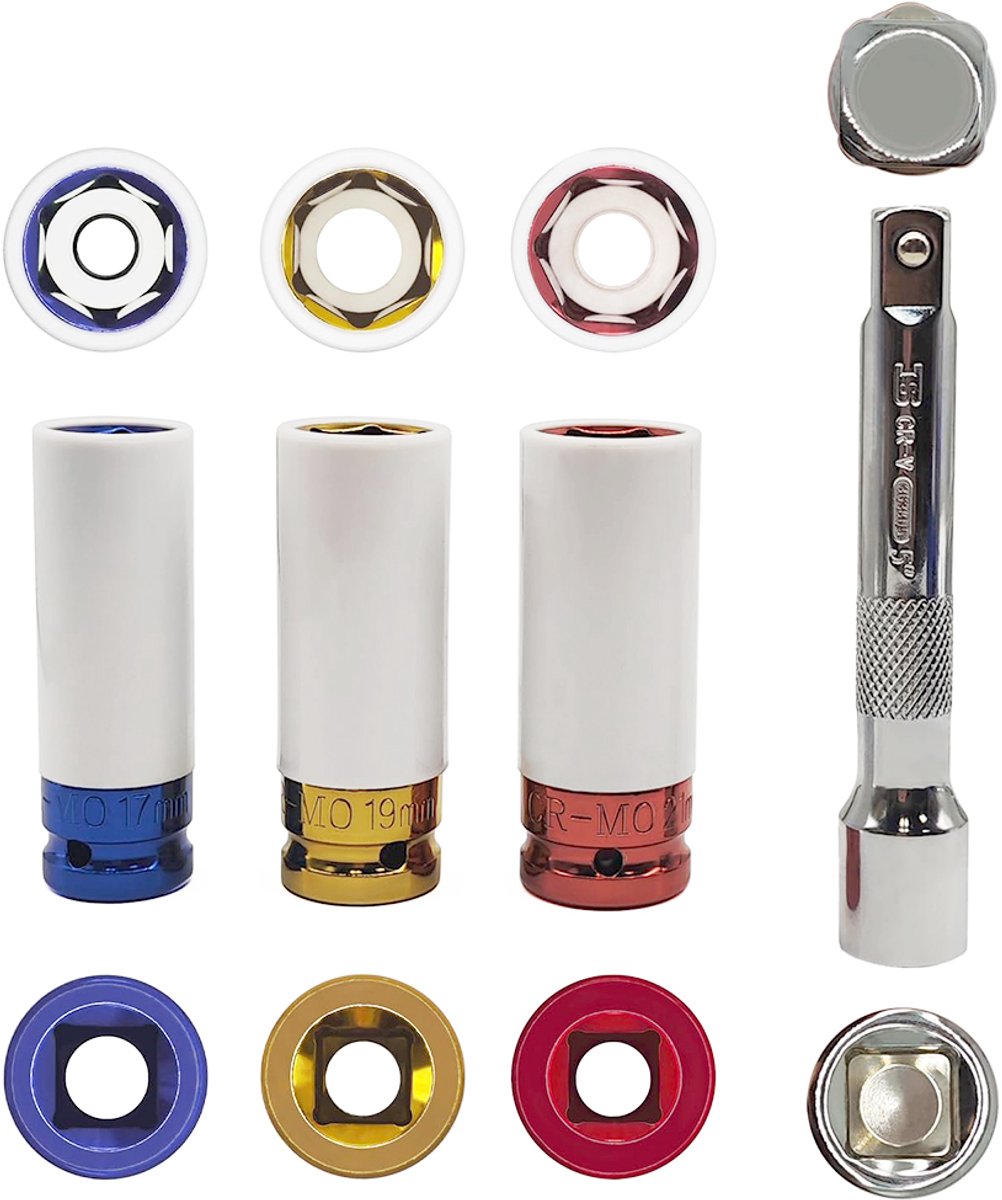 Momentsleutelset - 5-delige set - 1/2 inch momentsleutel - 40–210 Nm - Met 3 doppen - Autogereedschap - Multifunctionele sleutel - Inclusief gereedschapskoffer
