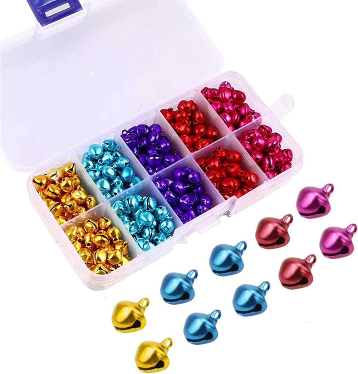 300 stuks bellen, kleine knutselbellen met opbergdoosje, minibellen voor kerst, kleurrijke metalen bellen voor feest- en festivaldecoraties, ornamenten, 8 mm, 10 kleuren