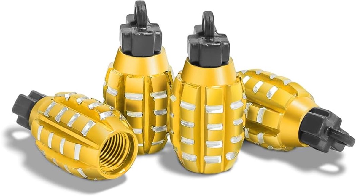 Ventieldoppen in granaatvorm, handgranaatstijl, aluminium autobanden ventieldoppen, handgranaatstijl, ventieldoppen voor auto motorfiets (goud)