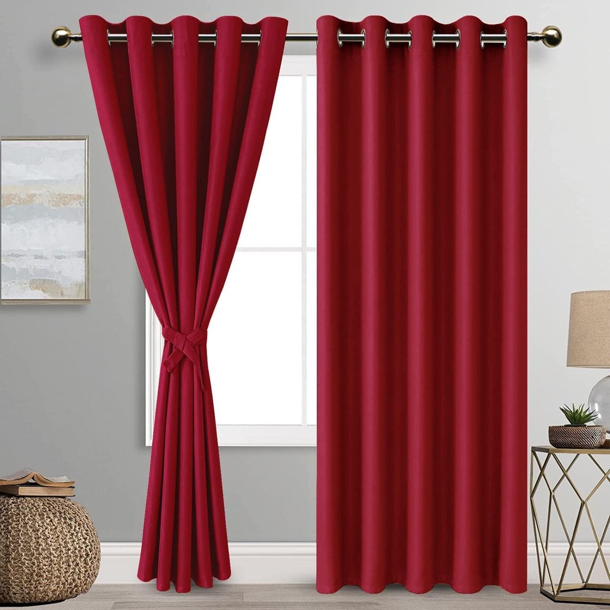 Set van 2 Verduisteringsgordijn met Ringen Kant en Klaar，Thermische Gordijnen met Gordijn Tiebacks voor Woonkamer, Keuken, 167x228 cm (B x H), Rood