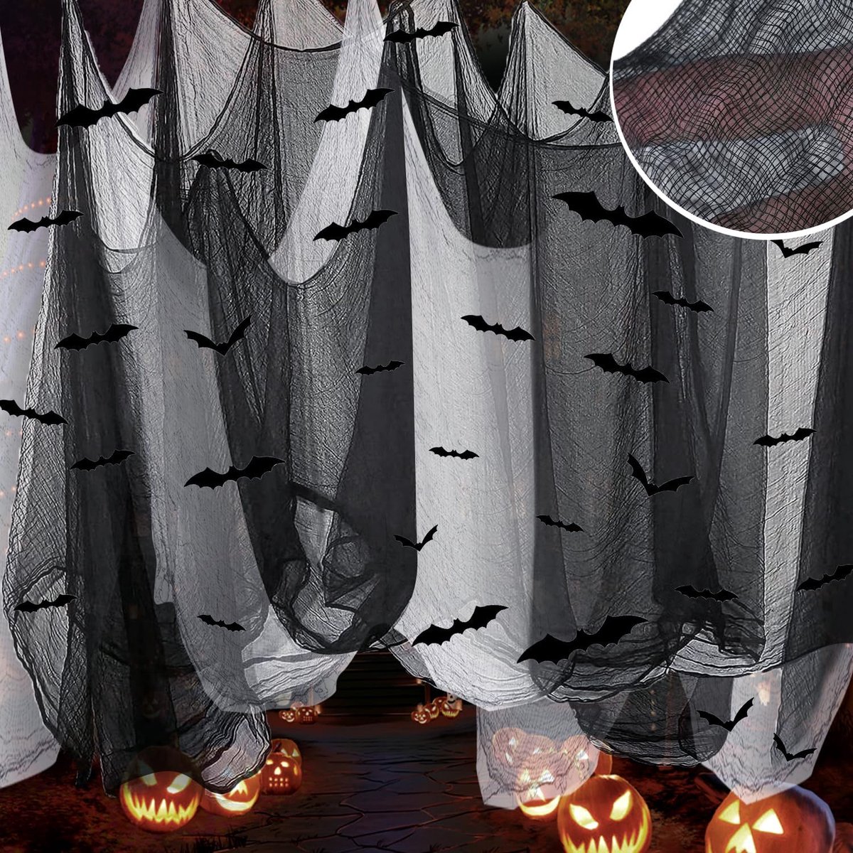 horrorstof, 200 x 100 cm, zwarte stof, horrordecoratie, gordijnen, wanddecoratie, deurdecoratie, stof zwart, per meter, gaasdoek, Halloween-decoratie voor spookhuizen, feesten (4 zwart + 2