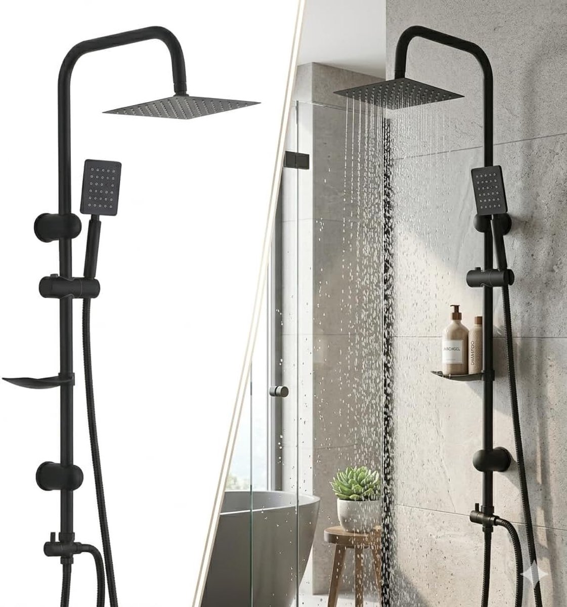 complete set, badkamer douchesysteem met in hoogte verstelbare douchestang, roestvrij staal, 92 cm en 20 cm roestvrij staal, regendouche, gedeelde installatie, doucheset, zwart