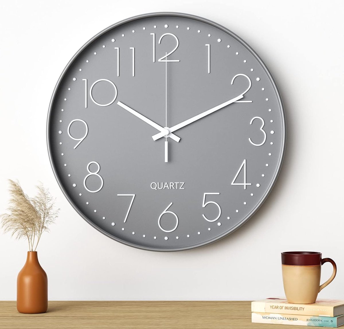 Wandklok 12 Inch Modern - Grijs Witte Cijfers - Stille Quartz Beweging - Perfect voor Thuis of Kantoor - ShopVlot