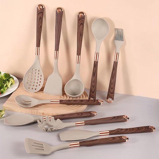 Keukengerei Set, 12 stuks Kookgerei Set Siliconen Spatel Set Keukengadgets en Gereedschappen met Opbergdoos Houten Handvat Siliconen Keukengerei — afbeelding 4
